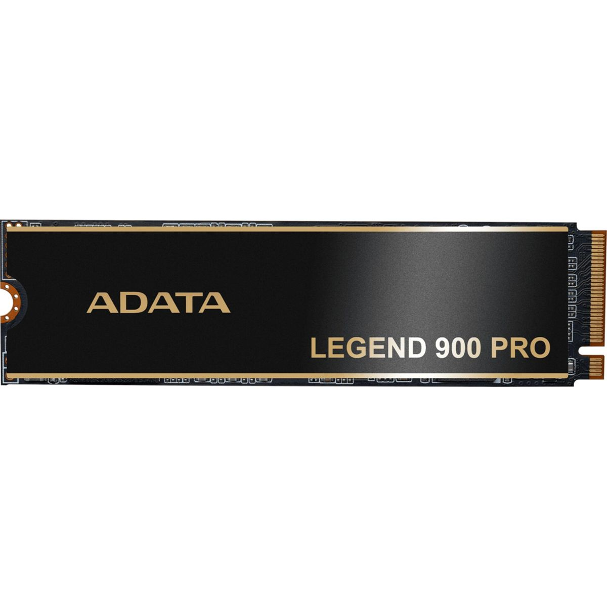 Czarny dysk SSD ADATA Legend 900 Pro na białym tle. Dysk SSD ma złote akcenty i elementy techniczne.
