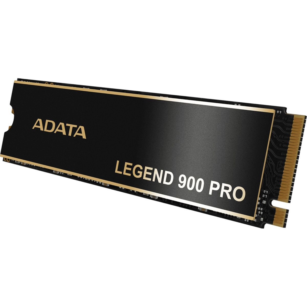 Czarny dysk SSD ADATA Legend 900 Pro. Złote litery i obramowanie. Dysk SSD na białym tle, prawa strona ma złote złącza.