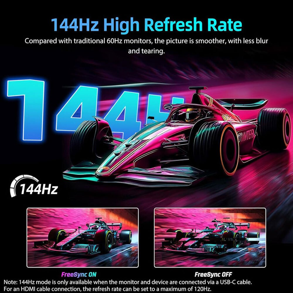 Imagen que muestra un coche de carreras rosa con el texto '144Hz', destacando una alta frecuencia de actualización para una visualización más suave.