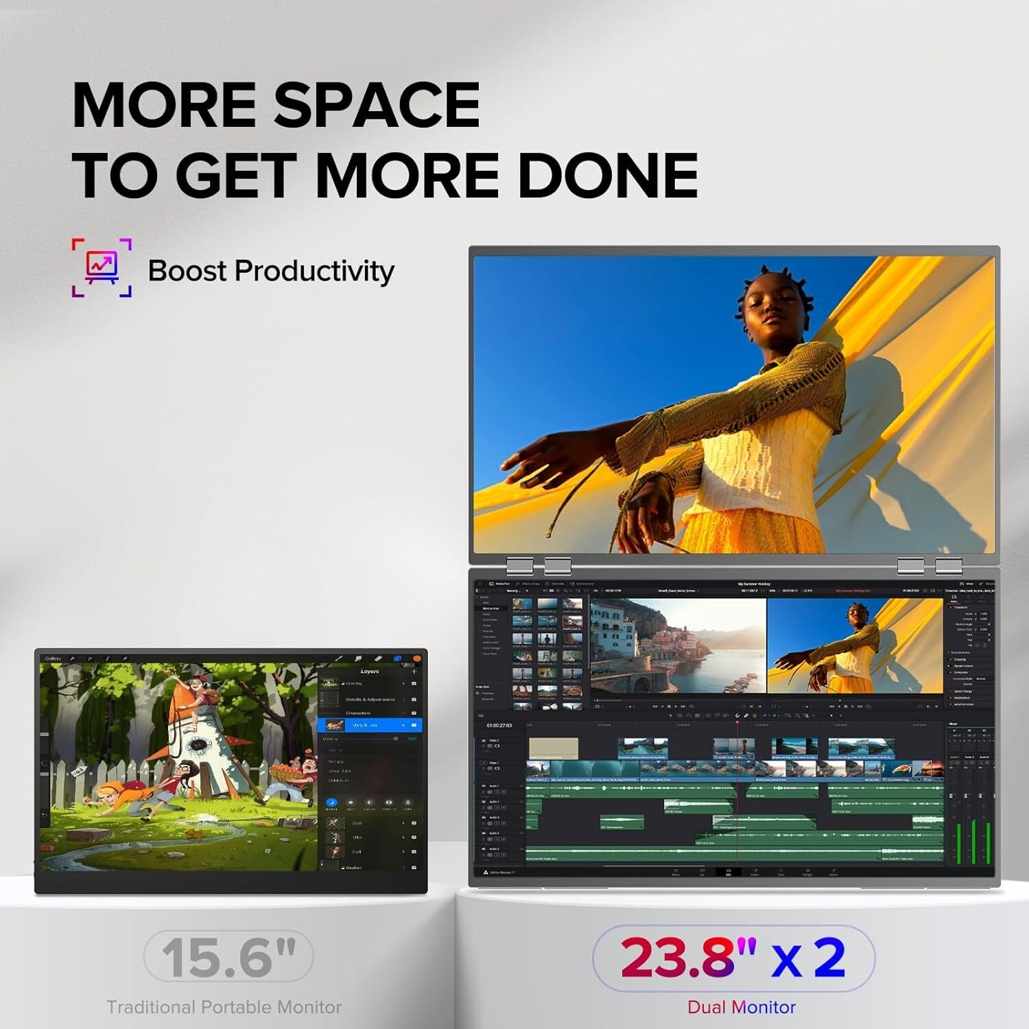 Una computadora portátil de doble pantalla muestra a una mujer y software de edición de video. Un monitor más pequeño muestra una ilustración, el texto dice 'Más espacio para hacer más'.