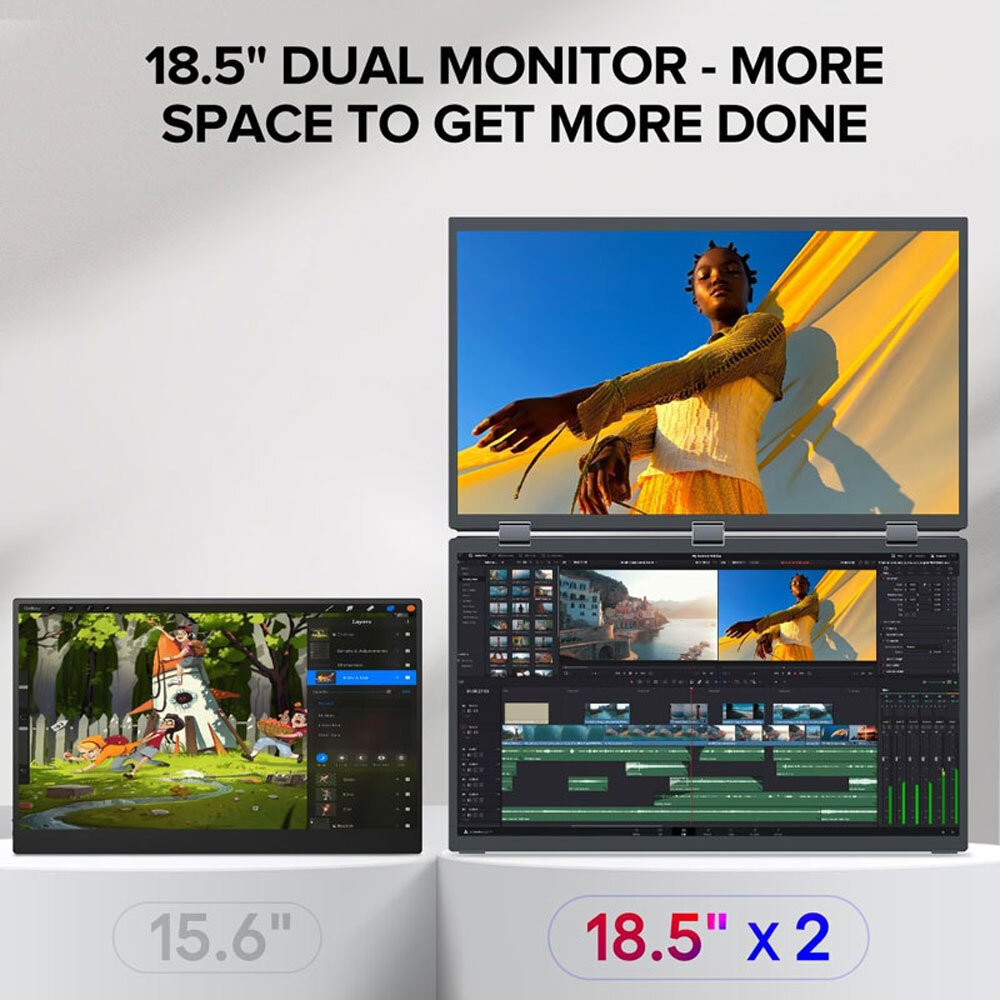 Una configuración de monitor dual con una persona en la pantalla. Uno es de 15,6 pulgadas y el otro de 18,5 pulgadas, con el texto '18,5" X 2'.