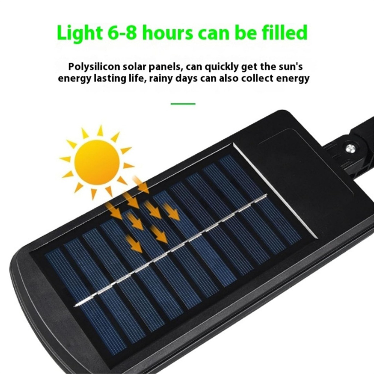 Ein Solarpanel mit Sonnen-Icon und Text: 'Licht 6-8 Stunden kann gefüllt werden'. Pfeile zeigen Sonnenlicht zum Panel.
