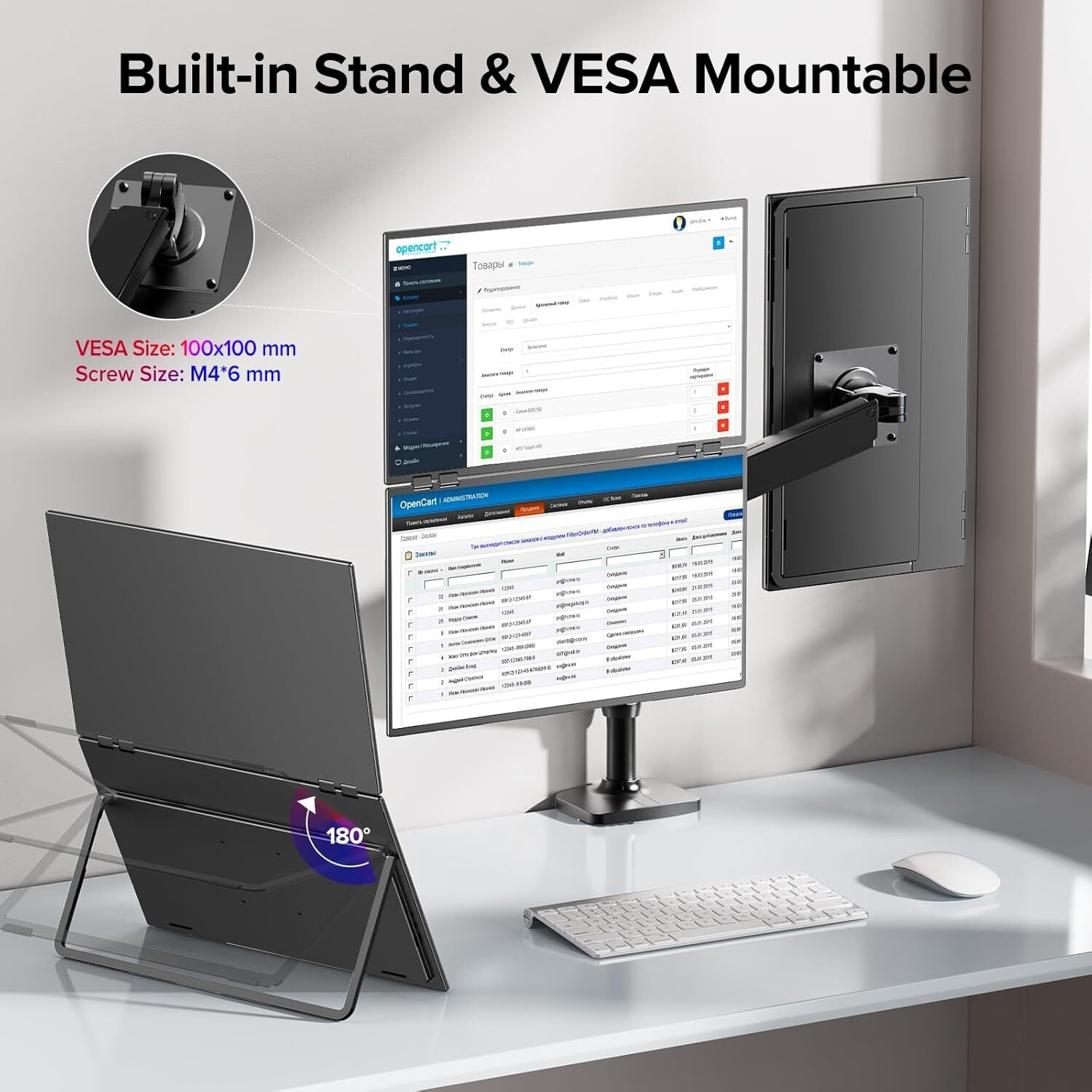 Una configuración de monitor con soporte incorporado y montaje VESA, mostrando sitios web y datos.