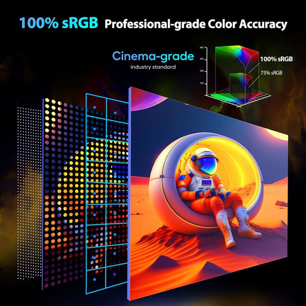 Astronauta con traje naranja dentro de una esfera en un planeta desértico. Gráficos muestran precisión de color. Texto: 100% sRGB, calidad cinematográfica.