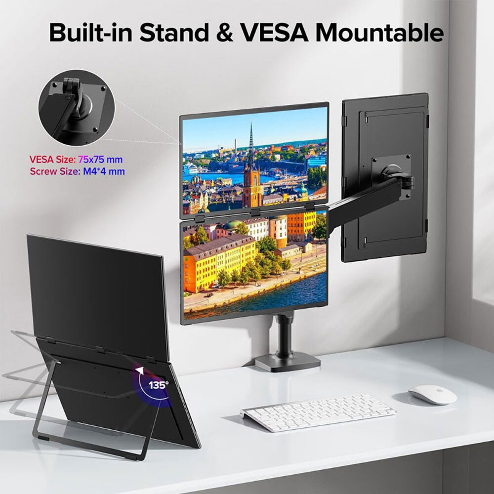 Dos monitores, uno montado, otro con soporte. Teclado y ratón en un escritorio blanco. Texto: Built-in Stand & VESA Mountable.