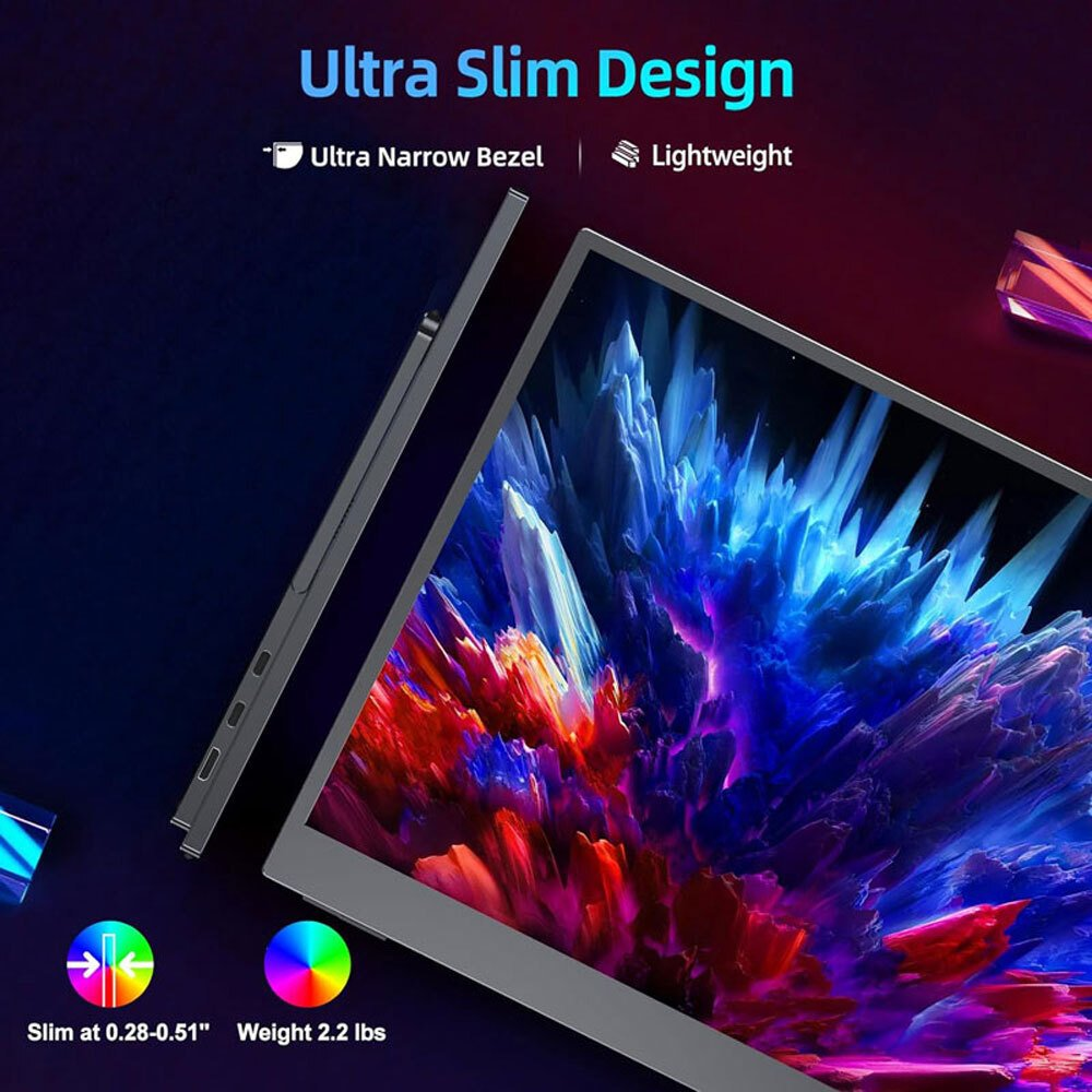 Un portátil con un diseño ultra delgado. La imagen muestra el perfil lateral del portátil y un fondo abstracto colorido con texto.