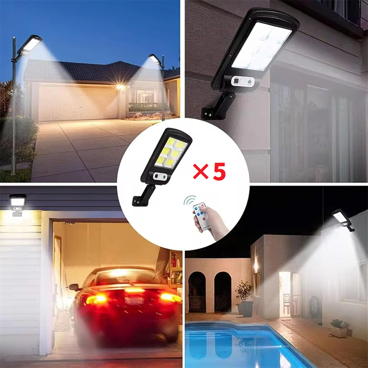 Solarbetriebene Lichter beleuchten nachts ein Haus, eine Garage und einen Poolbereich. Eine Fernbedienung ist ebenfalls vorhanden.
