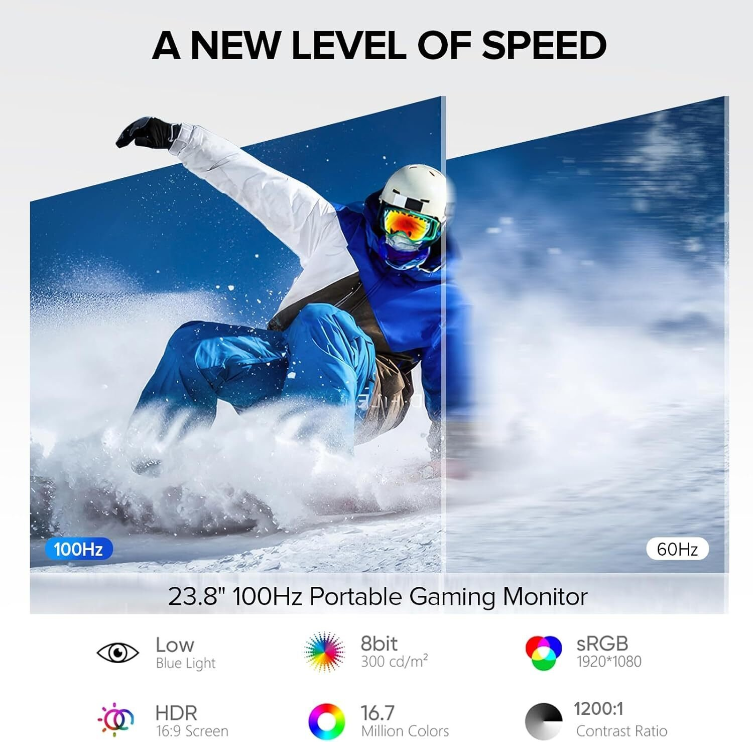 Un esquiador en acción sobre un fondo azul. El texto dice 'A New Level of Speed'. La imagen muestra especificaciones del monitor como 100Hz y 60Hz.