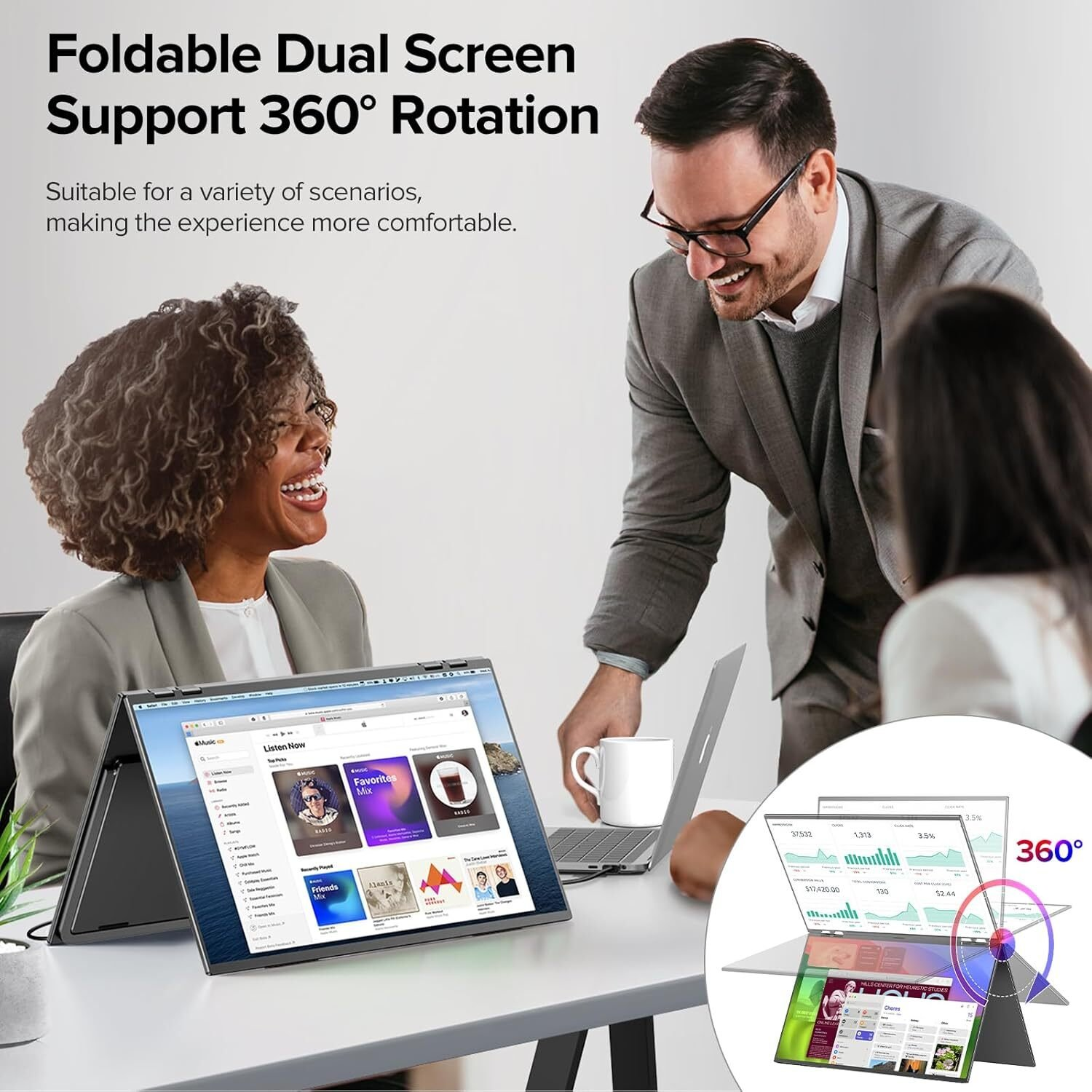 Tres personas usan una laptop de doble pantalla. La pantalla gira 360 grados. El fondo tiene el texto "Foldable Dual Screen Support 360° Rotation".