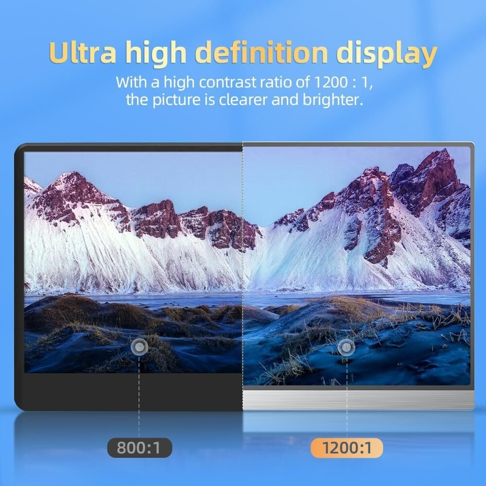 Una pantalla dividida muestra un paisaje montañoso. Un lado tiene una relación de contraste de 800:1, el otro 1200:1, este último aparece más brillante.