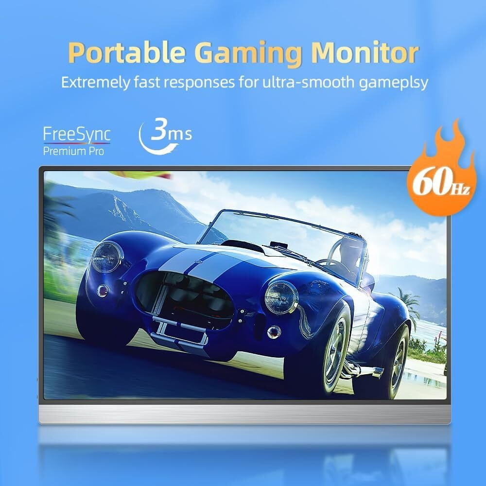 Un monitor muestra un coche azul con rayas blancas. El texto dice 'Portable Gaming Monitor' y destaca '3ms' y '60Hz'.
