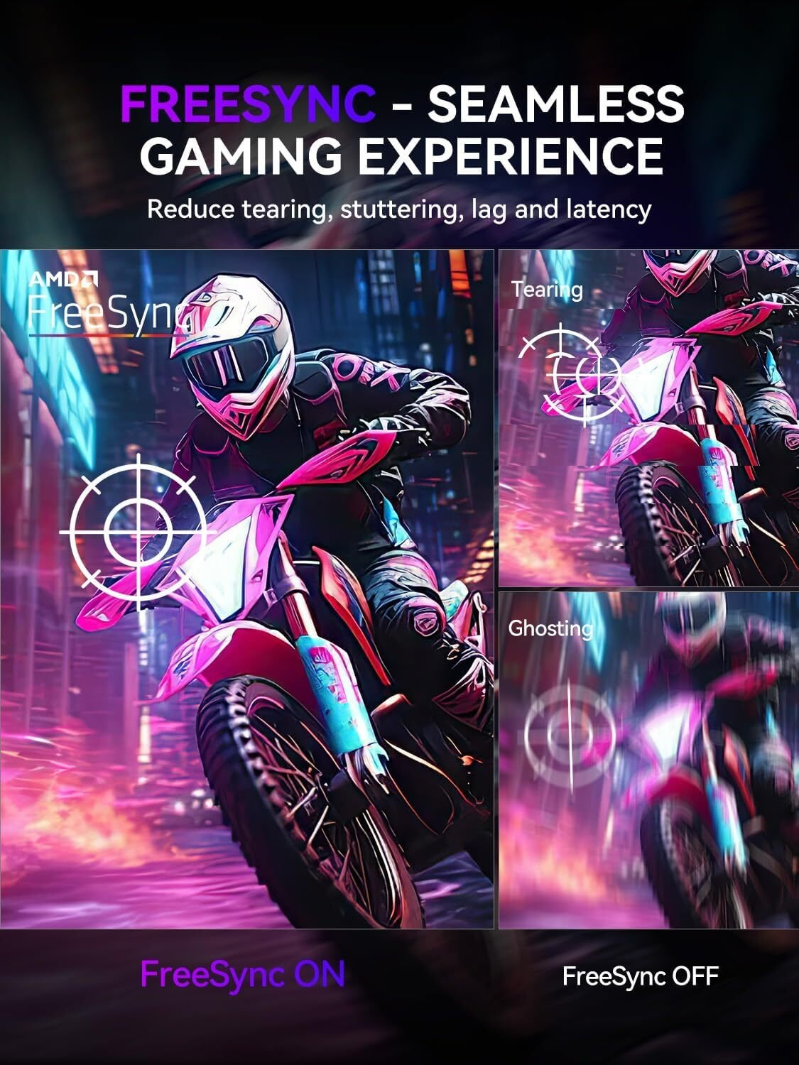 La imagen muestra un corredor de motocicletas con FreeSync ON y ejemplos de tearing y ghosting con FreeSync OFF.