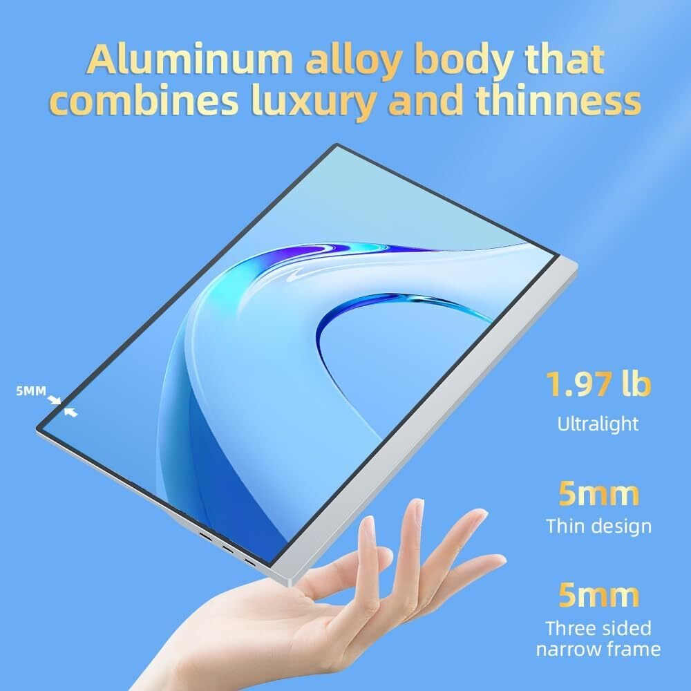 Una tableta sostenida por una mano, con una pantalla azul. El texto indica que es ultraligera, de diseño delgado y tiene un marco estrecho.