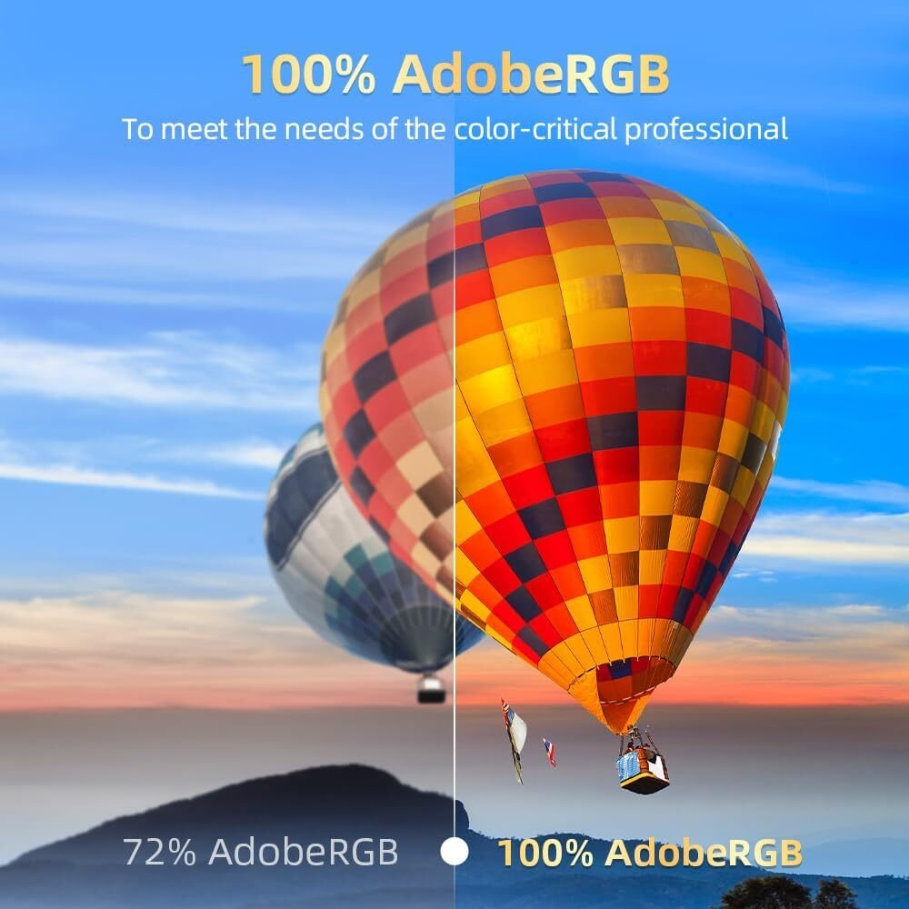 Dos globos aerostáticos en cielo azul. Uno muestra 72% AdobeRGB, el otro 100%. Texto: 'Para satisfacer las necesidades del profesional crítico en color'.