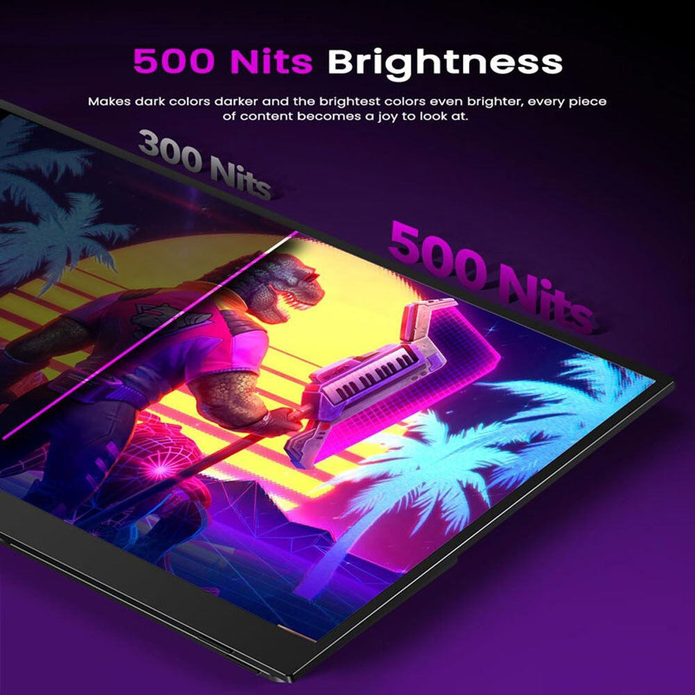 Un dinosaurio con teclado en una pantalla de 500 Nits de brillo, en una escena morada vibrante.