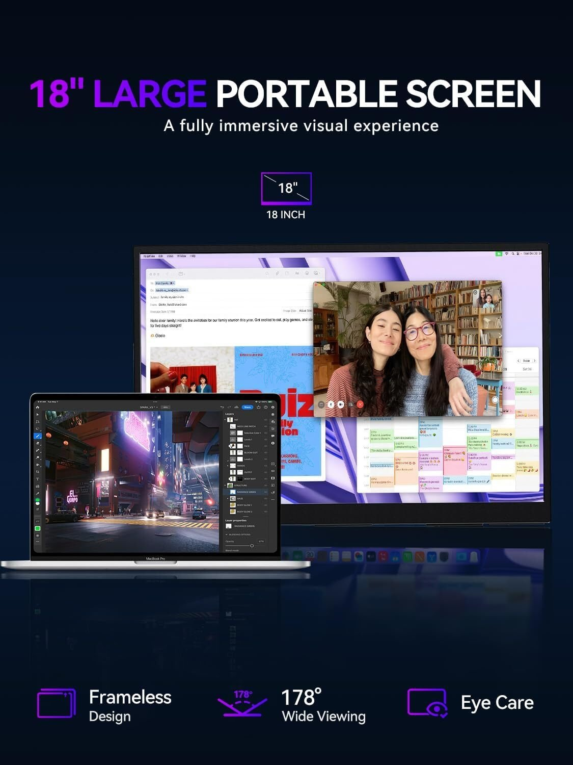Una computadora portátil abierta muestra un paisaje urbano. Una pantalla más grande muestra a dos mujeres. El texto dice '18" LARGE PORTABLE SCREEN' y características.