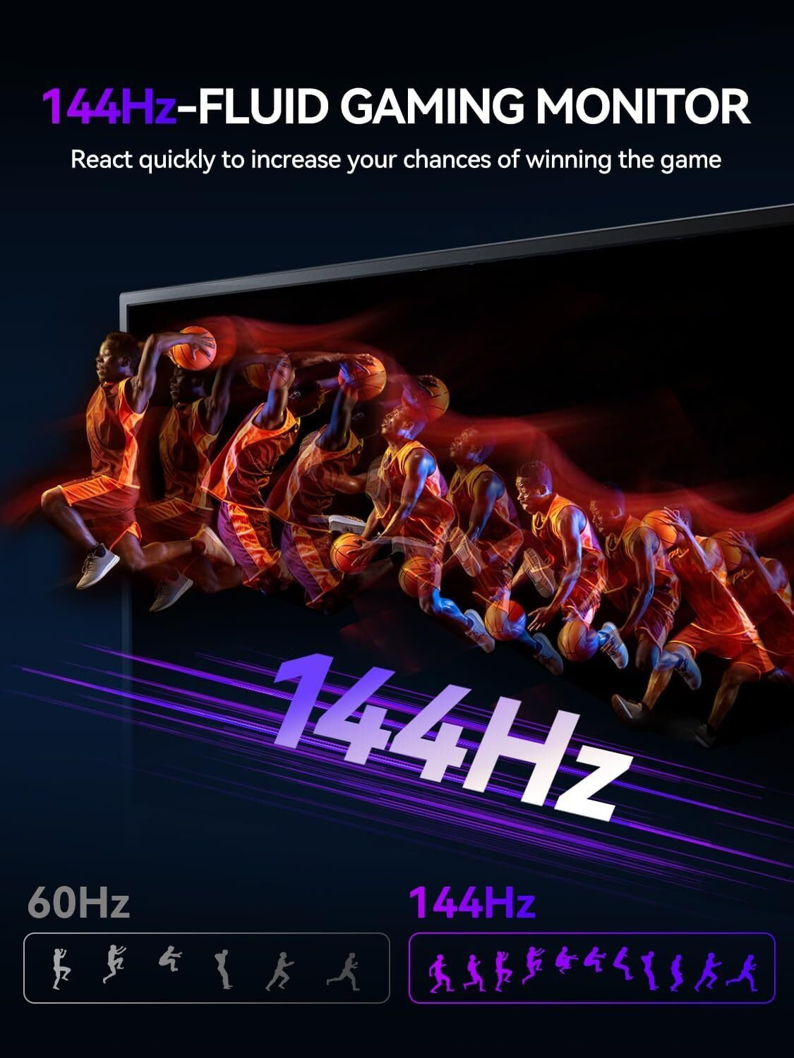 Imagen de monitor gaming que promociona 144 Hz. Jugadores de baloncesto en movimiento. Fondo morado y negro.