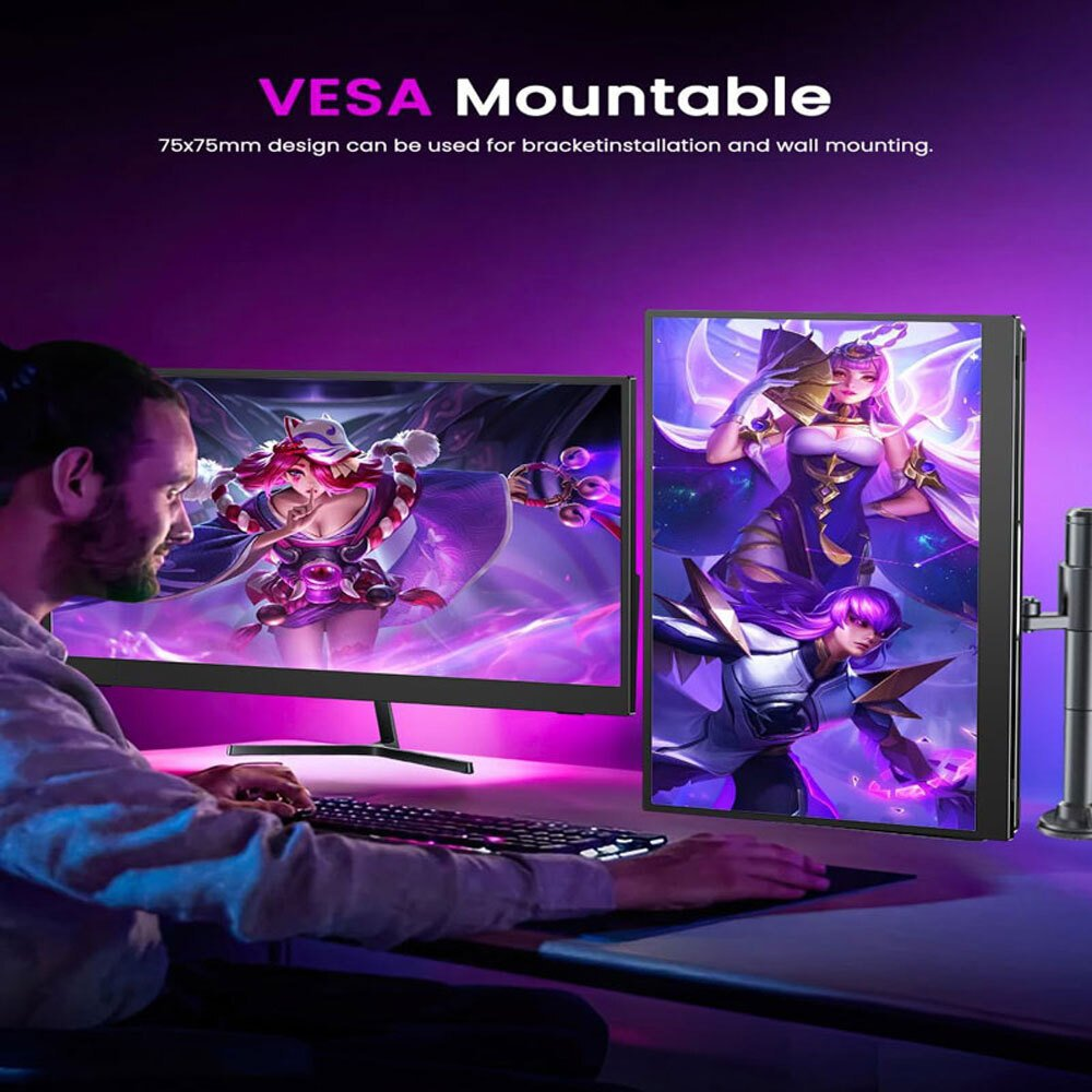 Un hombre está sentado en un escritorio con dos monitores que muestran personajes de juegos. El fondo es morado con el texto 'VESA Mountable'.