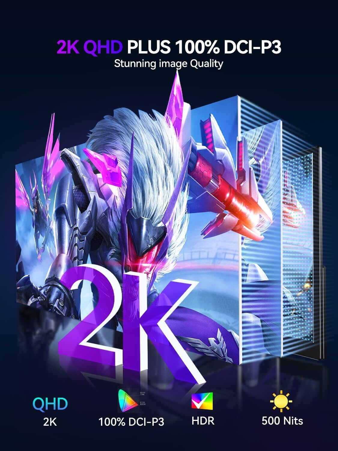 La imagen muestra un monitor con 2K QHD, HDR y 500 nits. Presenta un personaje morado y blanco con diseño futurista.