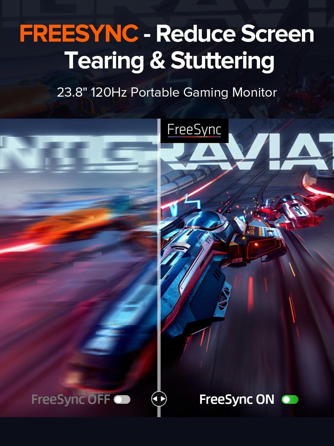 La imagen muestra la comparación de FreeSync: el lado OFF tiene tearing, el lado ON es suave. El texto dice 'Reduce Screen Tearing & Stuttering'.