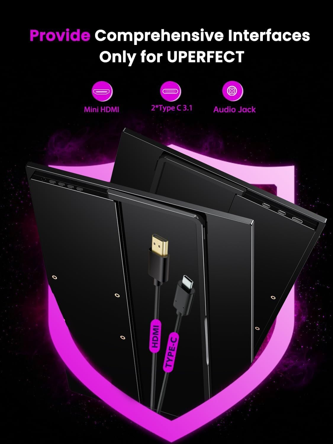 La imagen muestra una pantalla negra con cables HDMI y Tipo-C. Acentos morados resaltan interfaces como Mini HDMI, 2*Tipo C 3.1 y Audio Jack.