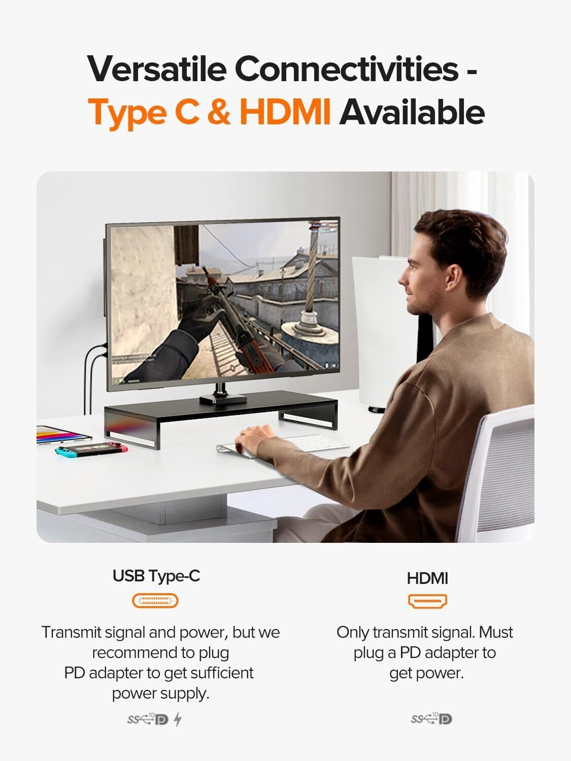 Un hombre sentado en un escritorio mirando un monitor. La pantalla muestra un videojuego. El texto describe las conexiones USB-C y HDMI.