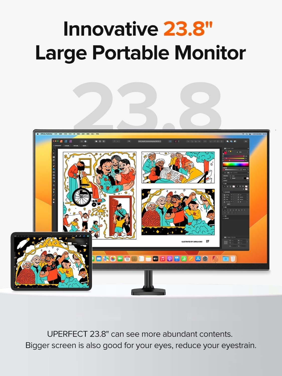 Un monitor portátil de 23,8" muestra ilustraciones coloridas y una tableta con una imagen similar. Texto: Monitor portátil grande innovador.