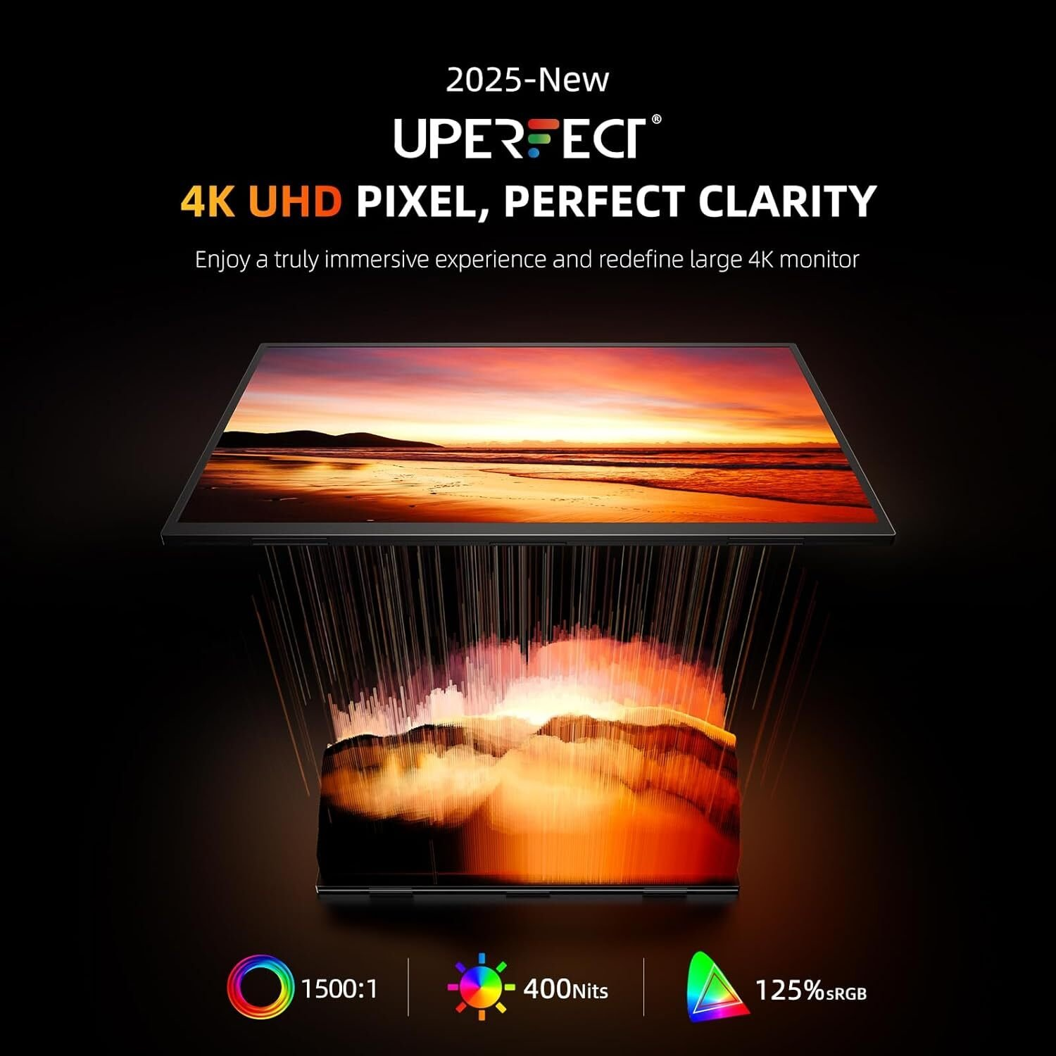 Un monitor muestra un atardecer. El texto dice '4K UHD Pixel, Perfect Clarity'. Las especificaciones incluyen 1500:1, 400 nits y 125% sRGB.