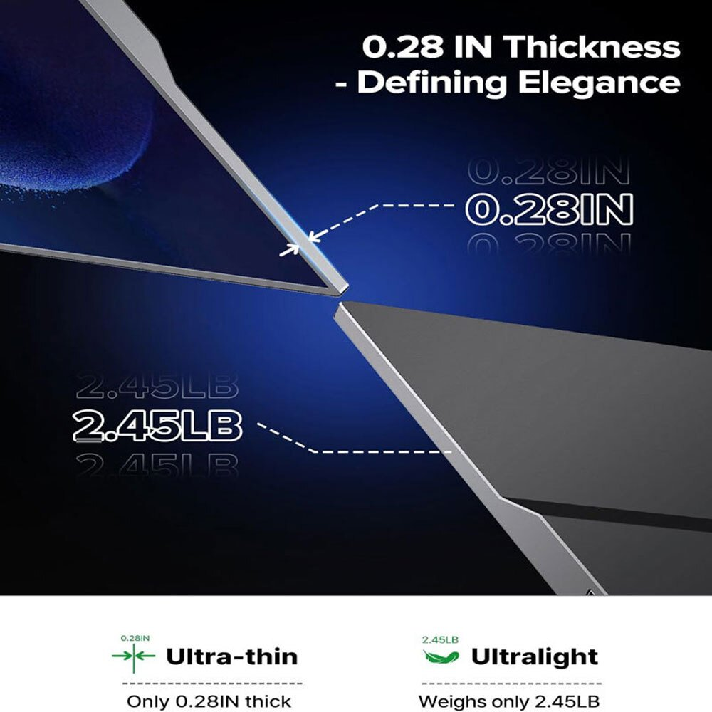 La imagen muestra detalles del producto sobre grosor y peso. El texto incluye 'Ultra-delgado' a 0.28IN y 'Ultraligero' a 2.45LB.