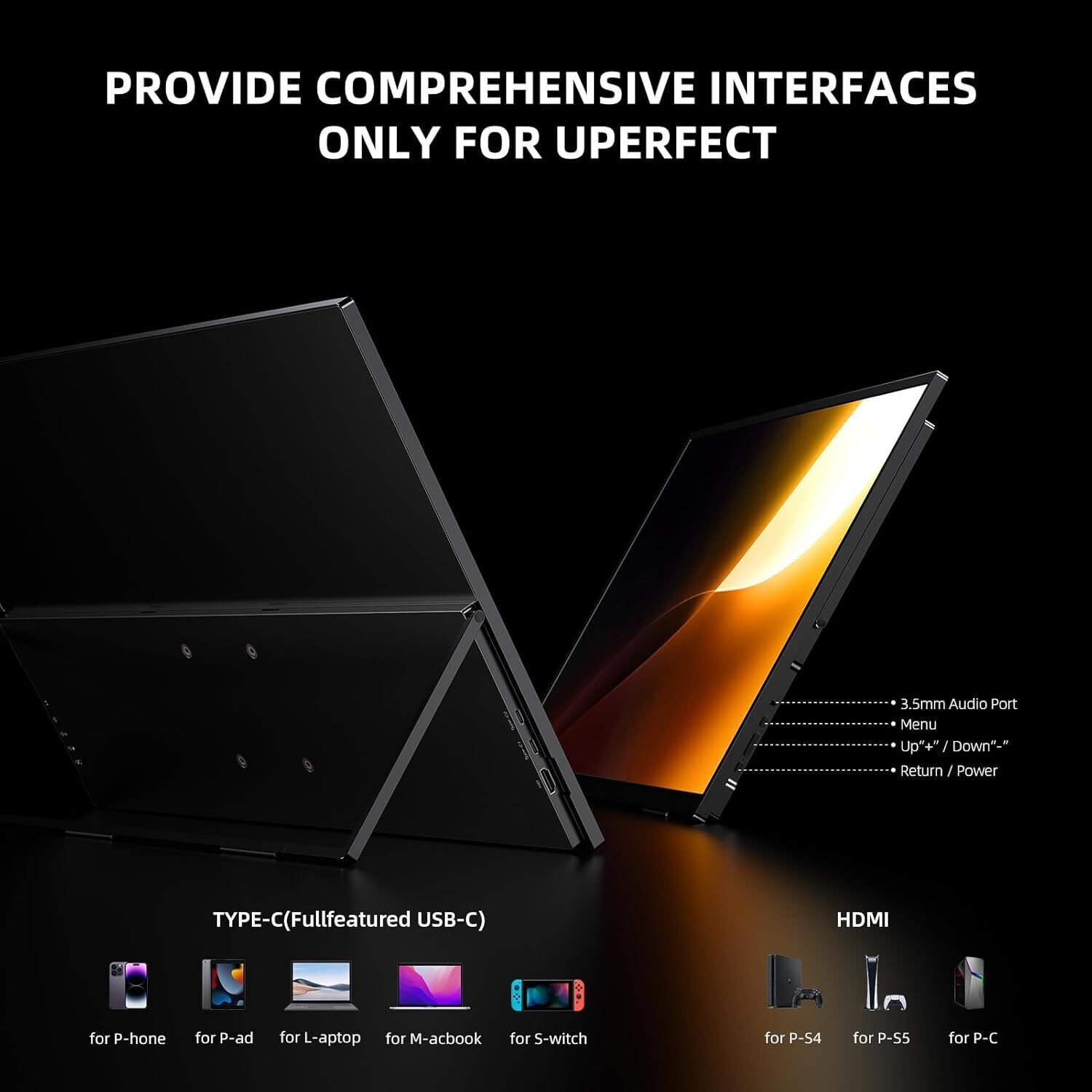 Monitor negro con texto: Proporcionar interfaces completas. Muestra puertos e iconos de compatibilidad para dispositivos como teléfonos y consolas.