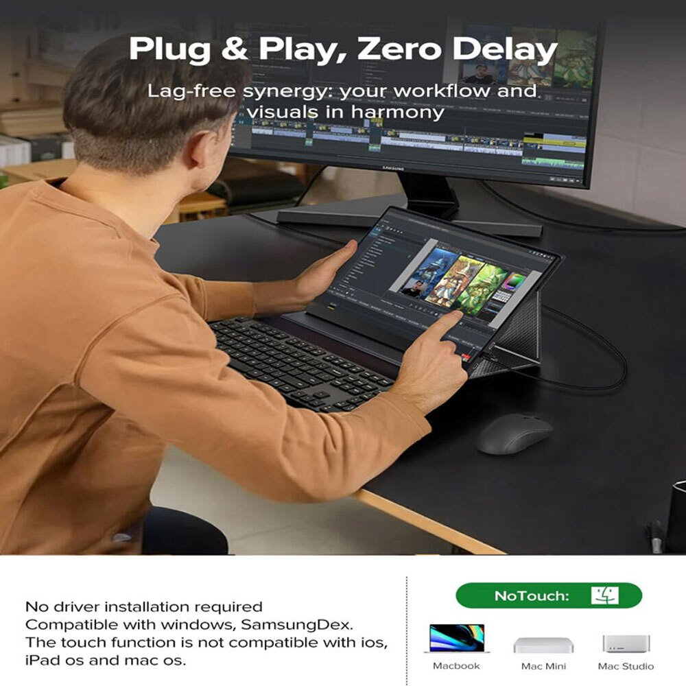 Una persona usa una laptop conectada a un monitor. La laptop está en un soporte con un ratón. La pantalla muestra imágenes.