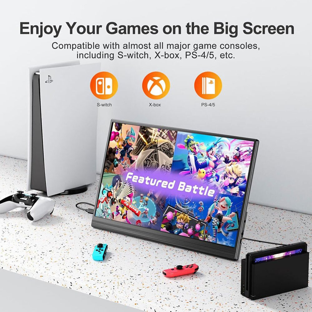 Configuración de juego con pantalla mostrando un juego, consolas, mandos y logos de Switch, Xbox y PlayStation.