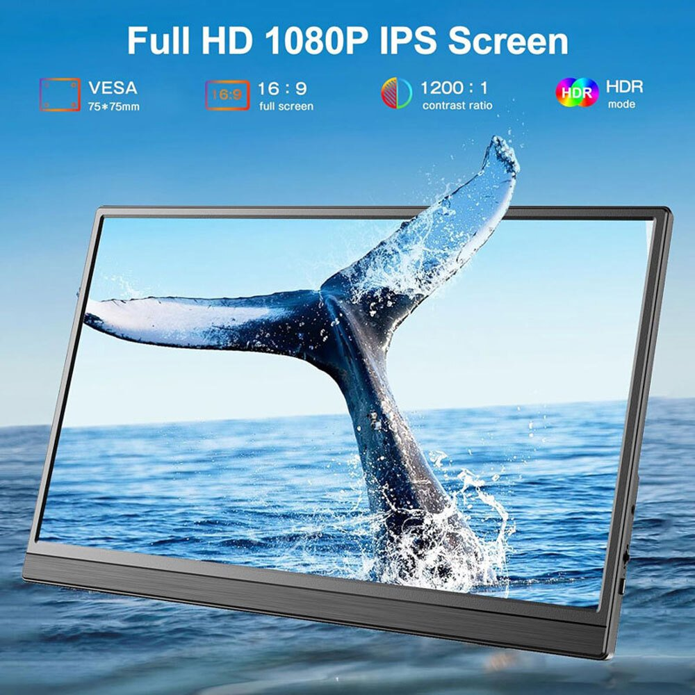 Un monitor muestra la cola de una ballena rompiendo el océano. El texto superior dice 'Full HD 1080P IPS Screen' con iconos de funciones.