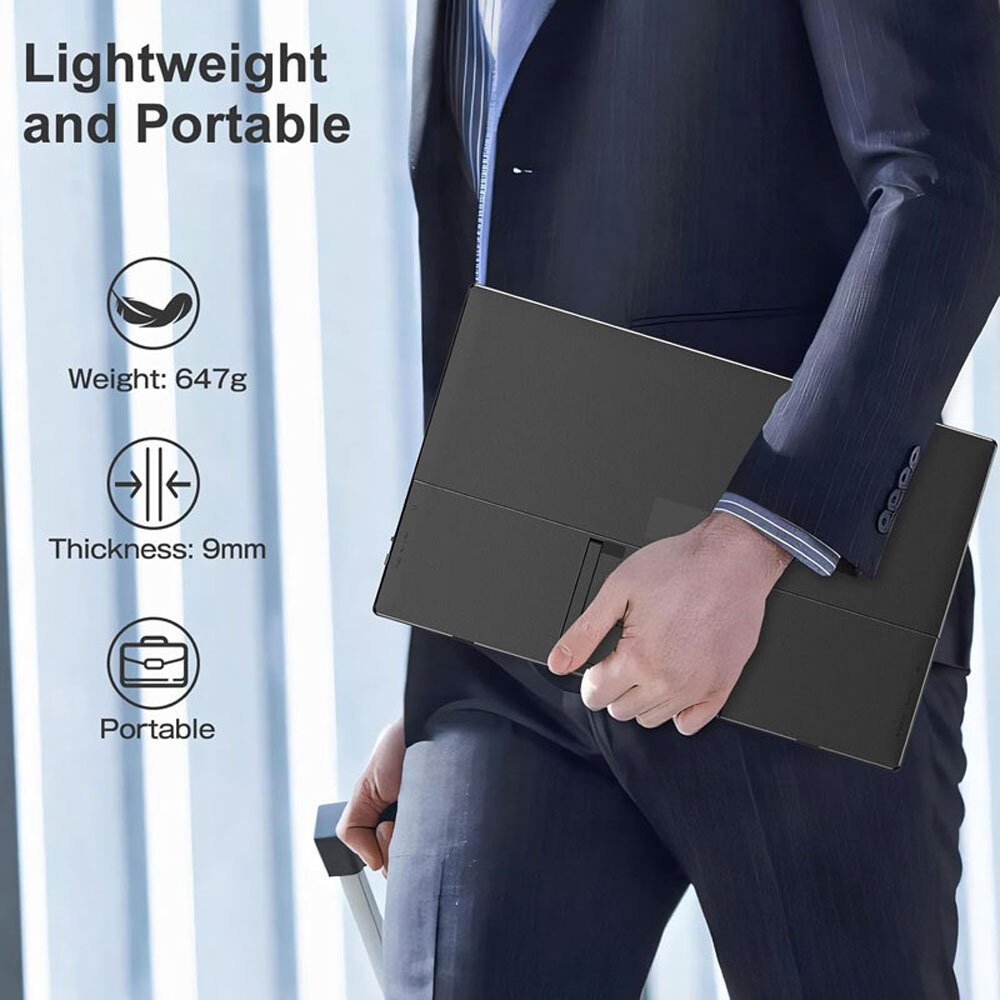 Una persona con traje sostiene un monitor portátil negro. Texto a la izquierda: 'Ligero y portátil', peso y grosor.