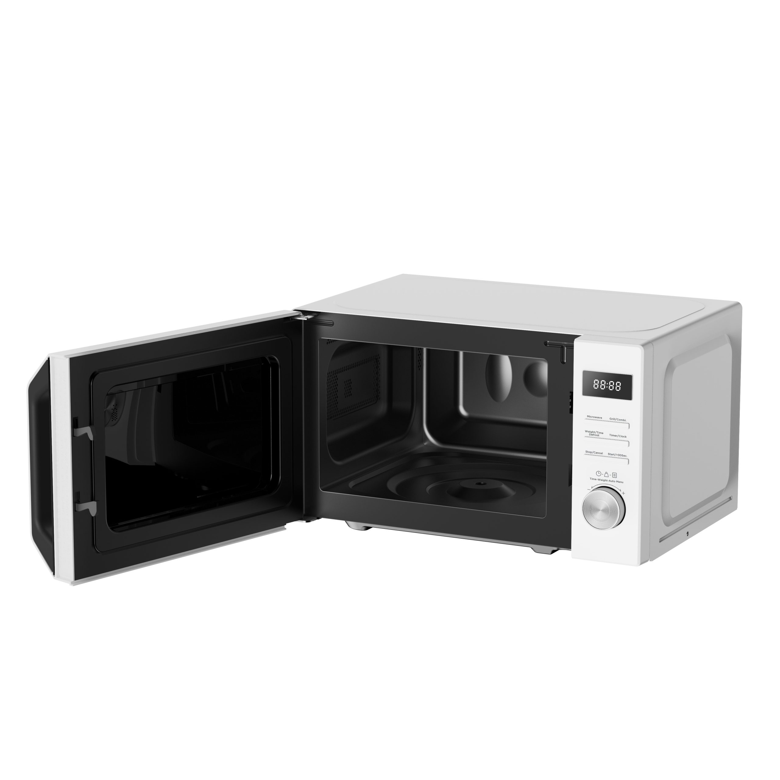Een witte magnetron met de deur open, wat het interieur onthult. Het display toont '88:88'.