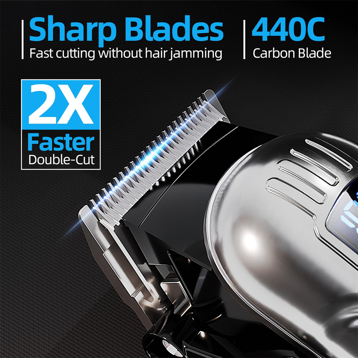 Nahaufnahme eines silber-schwarzen Haarschneiders. Der Text lautet 'Sharp Blades' und '2X Faster Double-Cut'. Der Clipper hat scharfe Klingen.