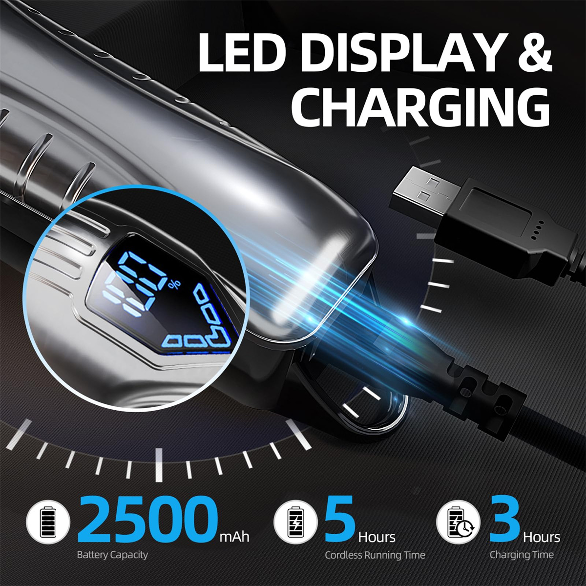 Ein silberner Trimmer mit LED-Anzeige, die Akkulaufzeit anzeigt, Aufladen über USB, und Informationen zu Akkukapazität und Laufzeit.