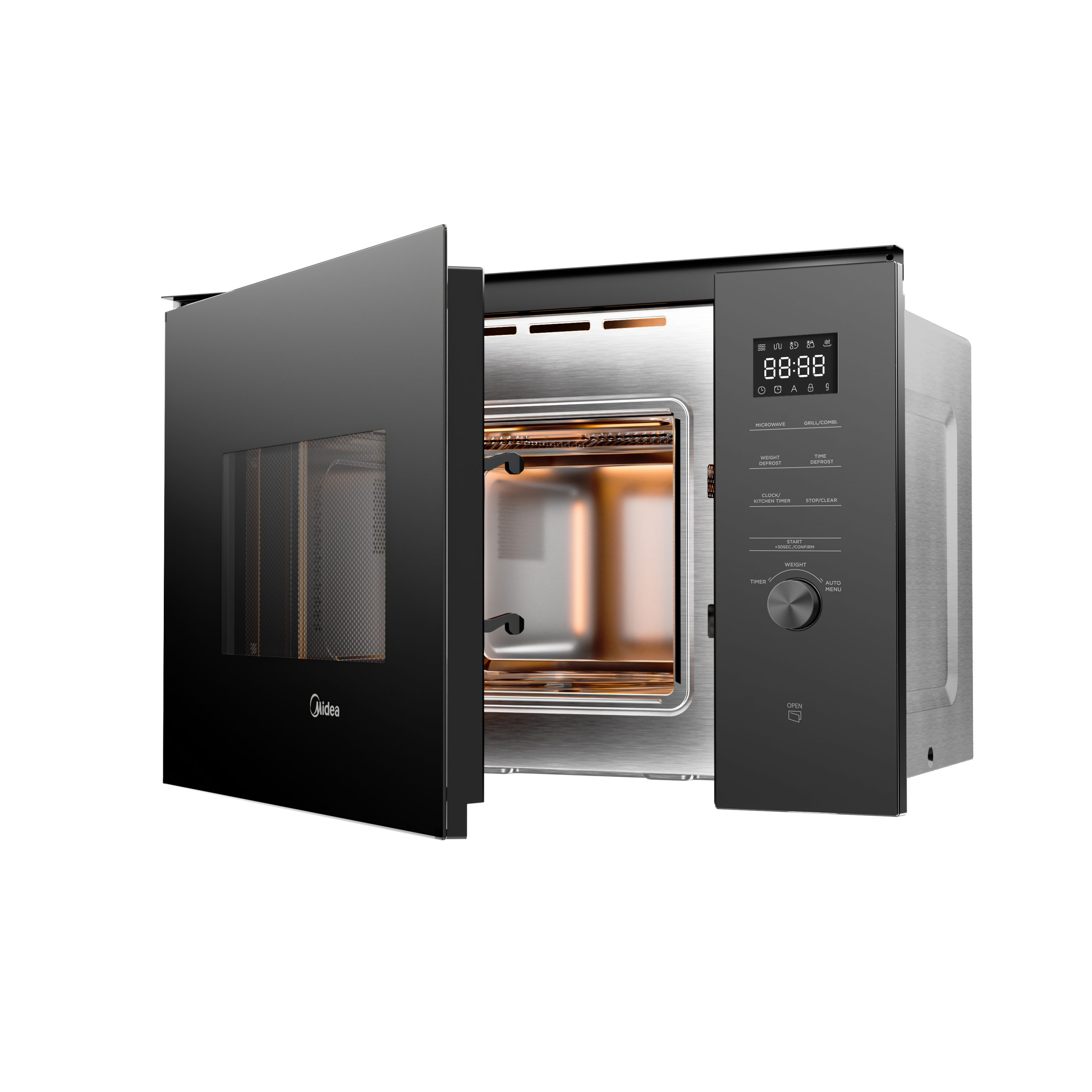 Un horno microondas negro con puerta abierta, pantalla digital y panel de control. El interior es visible.
