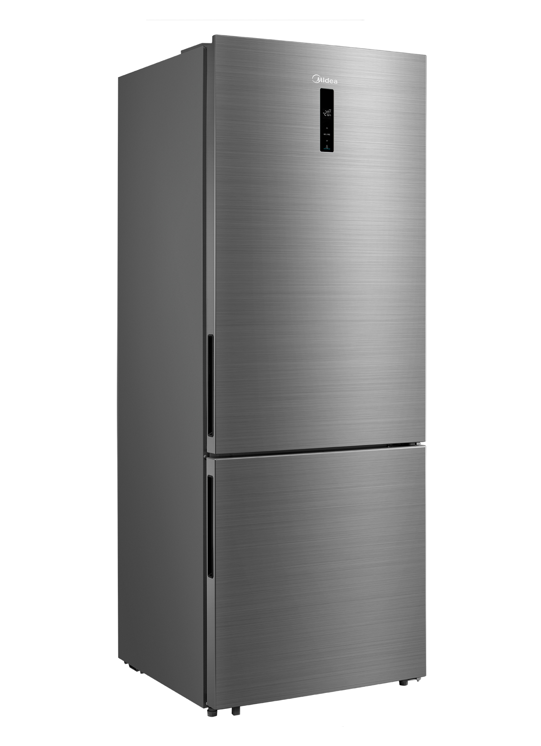 Un frigorifero Midea grigio con due porte. Ha un display digitale sulla porta superiore e una finitura in metallo spazzolato.