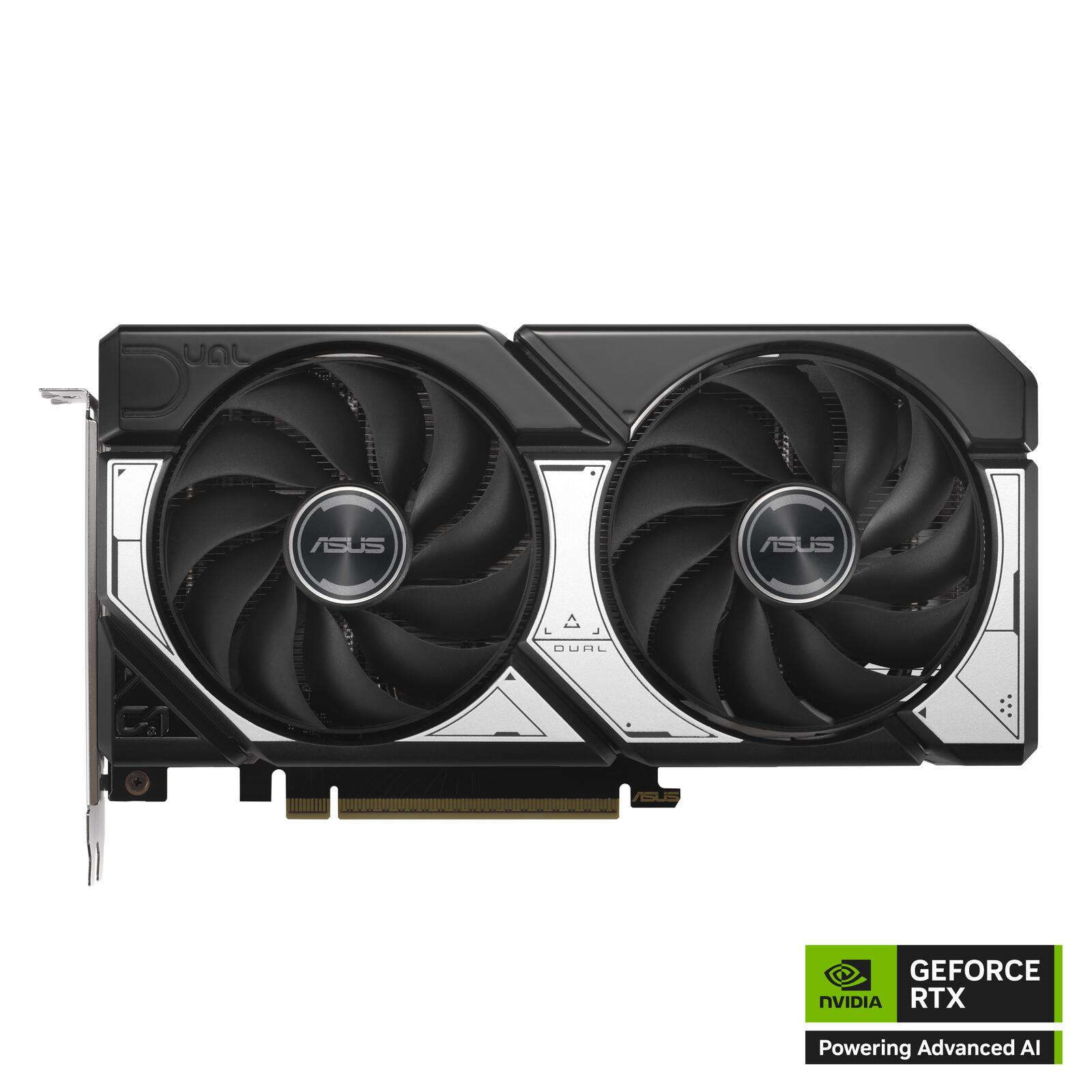 Czarna i srebrna karta graficzna ASUS Dual GeForce RTX z dwoma wentylatorami. Widoczne są logo NVIDIA i RTX.