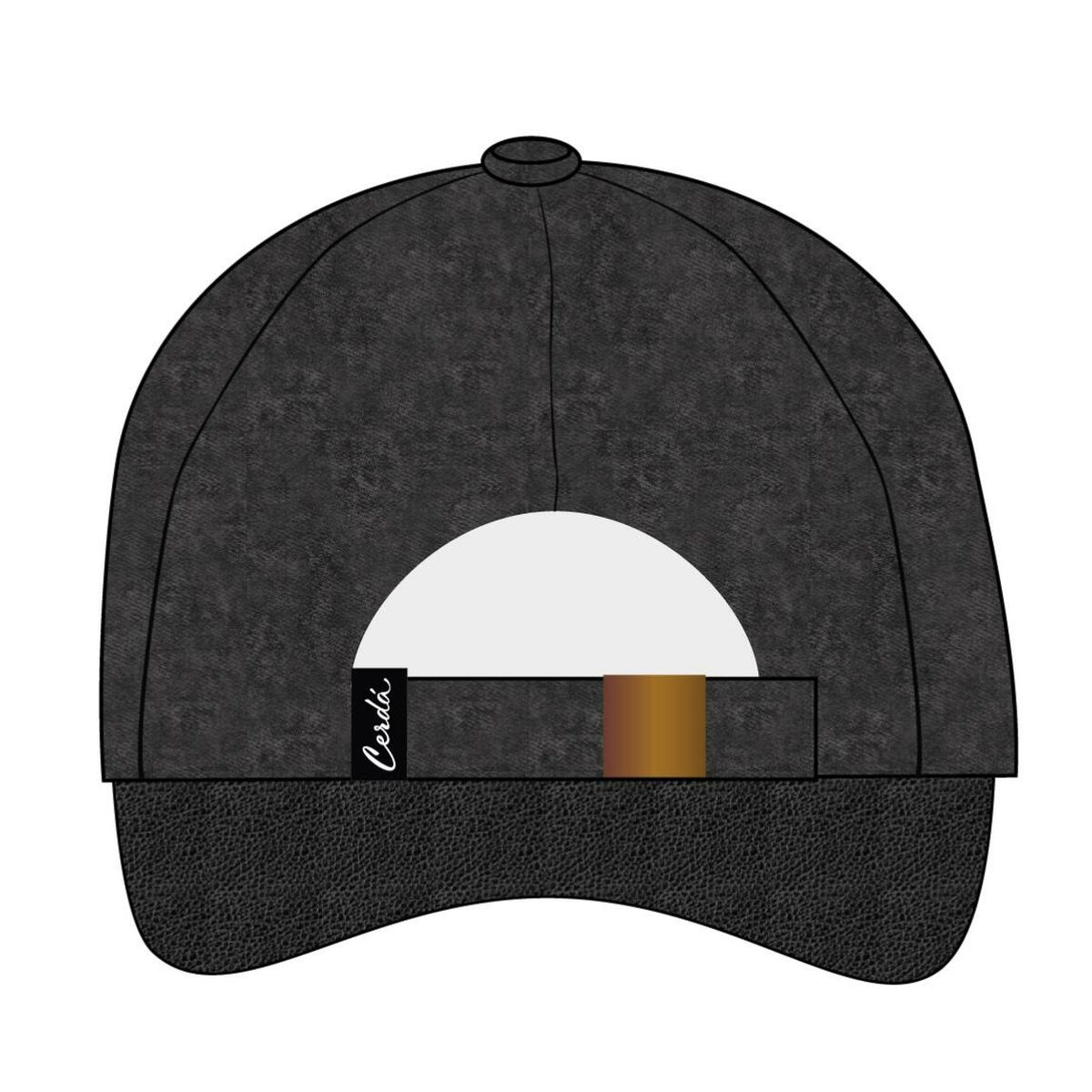Eine schwarze Kappe mit einem weißen Halbkreis auf der Rückseite, einem goldenen Streifen und dem Wort 'Cerda' auf einem Etikett.