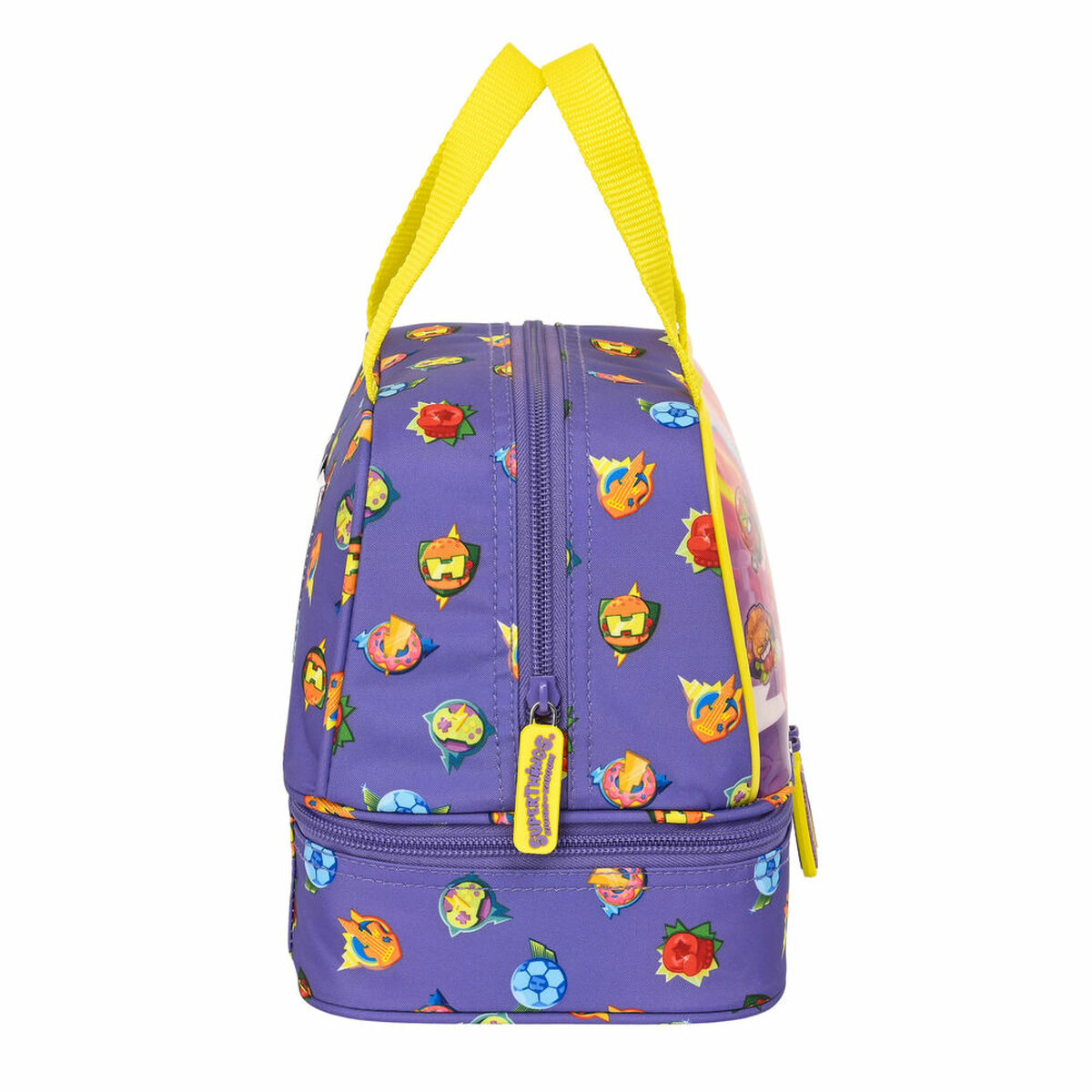 Lila Lunchtasche mit gelbem Griff und Reißverschluss. Sie hat bunte Cartoon-Muster. Die Tasche ist mit einem gelben Reißverschluss geschlossen.