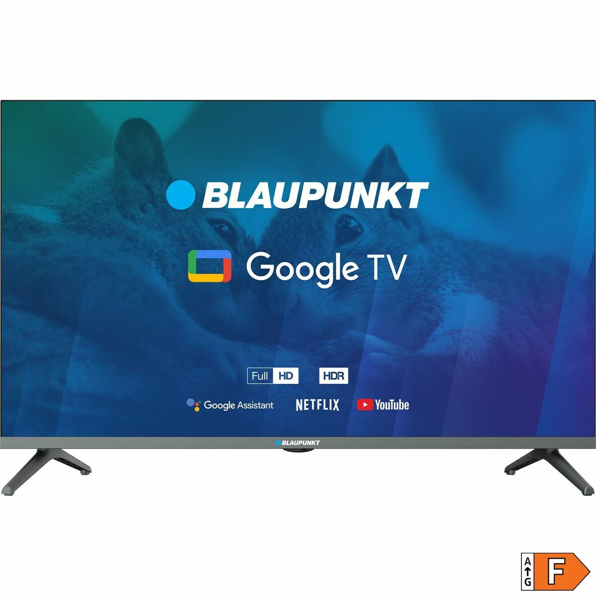 Telewizor Blaupunkt Google TV z niebieskim ekranem wyświetlającym logo marki i funkcje. Telewizor jest szary i ma dwie czarne nóżki.