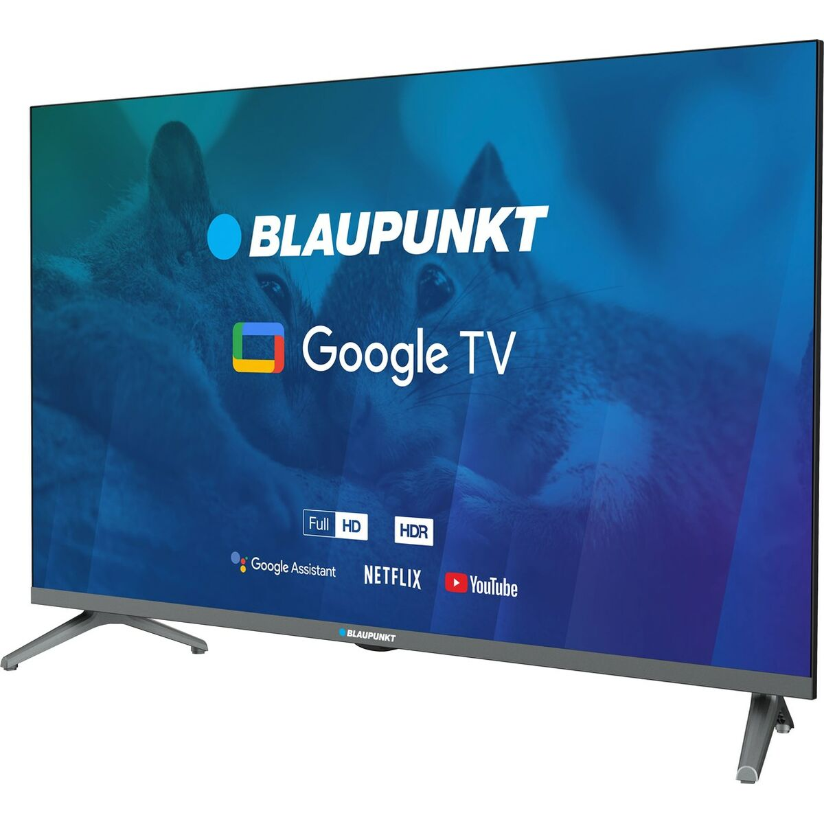 Ekran telewizora Blaupunkt Google TV. Wyświetla nazwę marki i logo Google TV. Widoczne ikony Full HD, HDR, Netflix, YouTube i Google Assistant.
