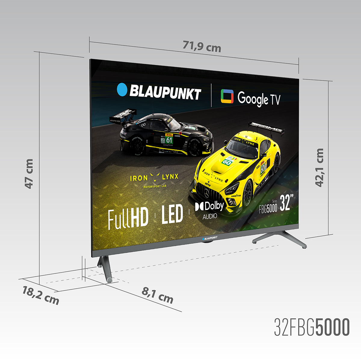 Telewizor Blaupunkt 32" z samochodami wyścigowymi na ekranie. Wymiary są pokazane. Telewizor jest Full HD, ma Dolby Audio i Google TV.