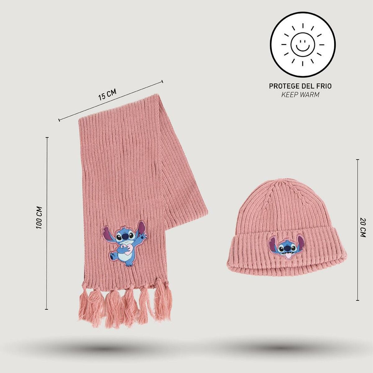 Rosa Schal und Mütze mit Stitch-Design. Maße sind angegeben. Sonnensymbol und Text 'Keep Warm' sind ebenfalls sichtbar.