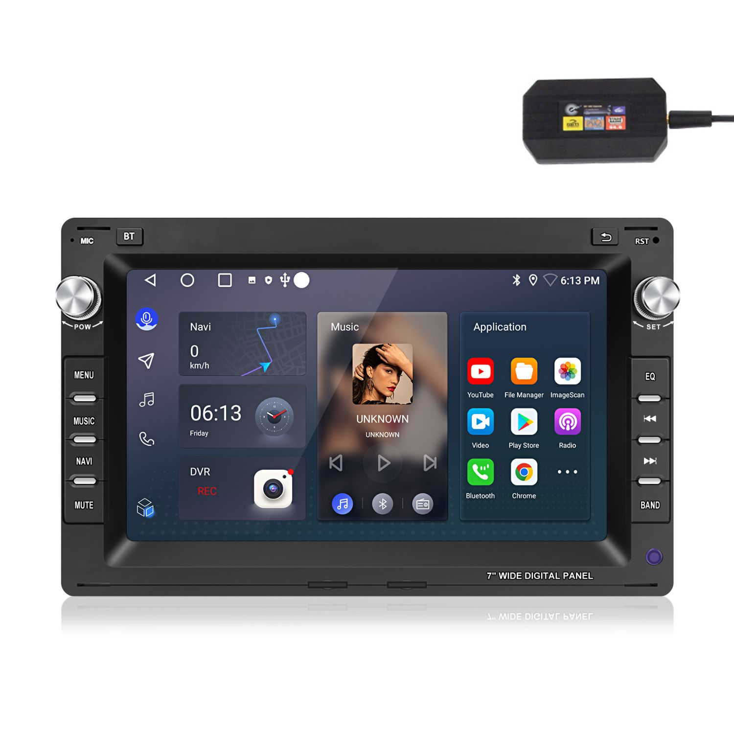 Un'autoradio con un pannello digitale largo 7" che mostra app, musica e navigazione. C'è un piccolo box nero in alto.