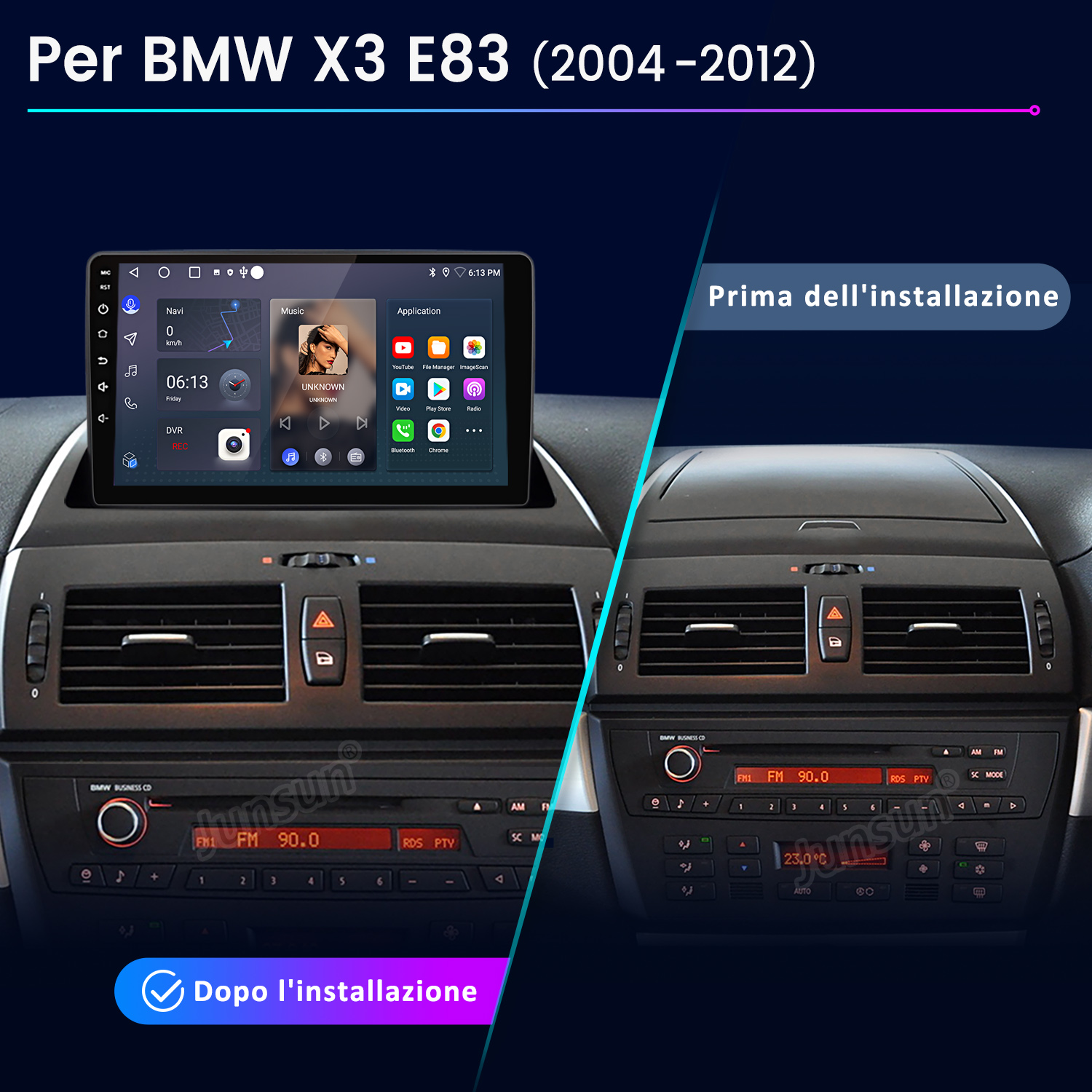 L'immagine mostra l'installazione prima e dopo di un sistema multimediale per auto su una BMW X3 E83. Il nuovo sistema ha uno schermo.