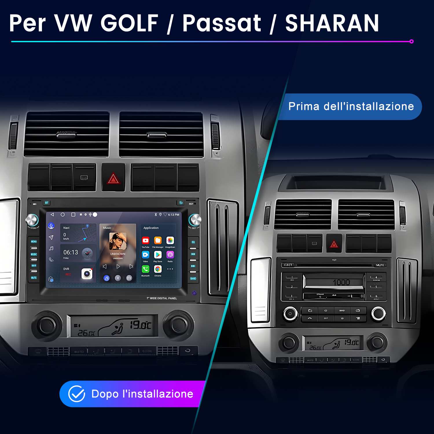 Confronto cruscotto auto: vecchia radio vs. nuovo pannello digitale che mostra musica, navigazione e applicazioni.