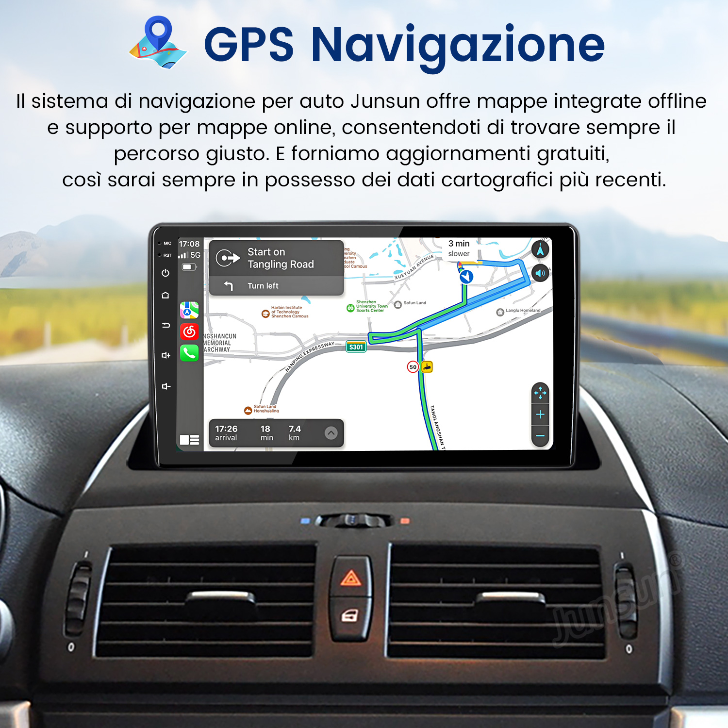 Cruscotto auto con schermo di navigazione GPS che mostra una mappa e guida del percorso.